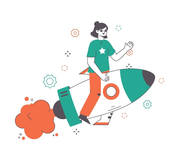 Femme d'affaires carrière croissance fusée démarrage concept succès commercial illustration vectorielle plane