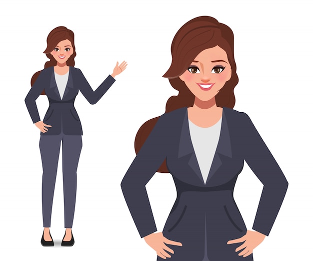 Femme d'affaires en costume de vêtements. Présentation pose illustration isolée.
