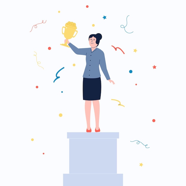 Femme D'affaires Avec Une Coupe D'or Sur Le Piédestal Succès Du Trophée De La Fille Heureuse Et Récompense Championne Du Leadership De La Gagnante Exécutive Personnage Vectoriel Récent De La Coupe Du Gagnant Et Illustration Du Prix