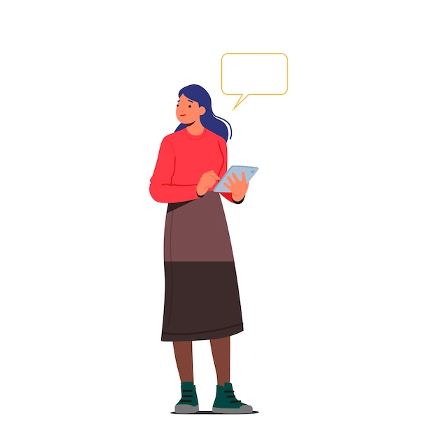 femme affaires, dans, bureau, concept, confiant, femme affaires, à, tablette, pc, dans, mains, et, discours, bulle, vecteur, illustration