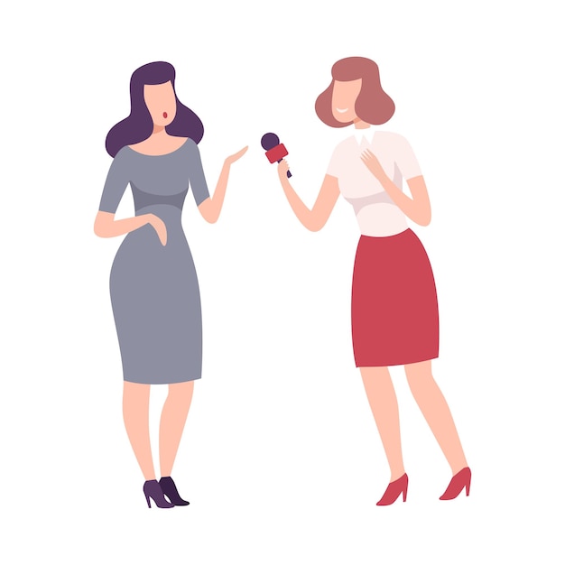 Une femme d'affaires donne une interview en présence d'un journaliste avec une illustration vectorielle de dictaphone