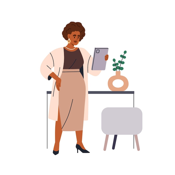 Vecteur femme d'affaires avec un gadget à la main employée utilisant une tablette au travail manager de bureau moderne lisant sur un bloc-notes numérique illustration vectorielle plate isolée sur fond blanc