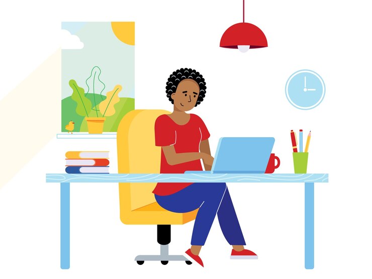 Vecteur femme d'affaires indépendante travaillant sur un ordinateur portable au bureau à domicile