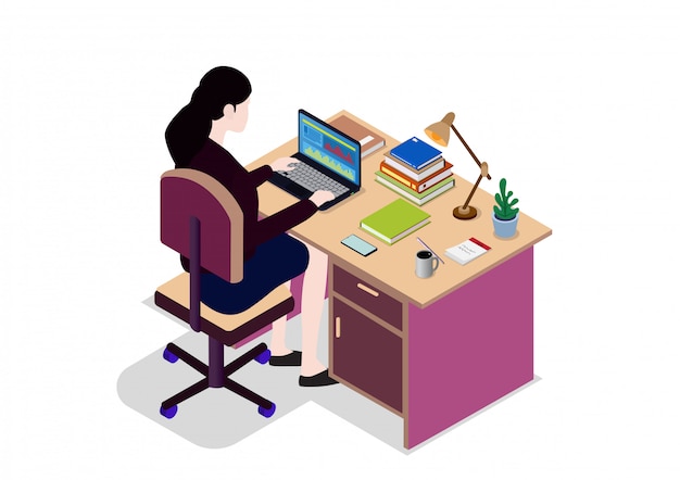 Femme d'affaires isométrique en regardant l'écran du portable