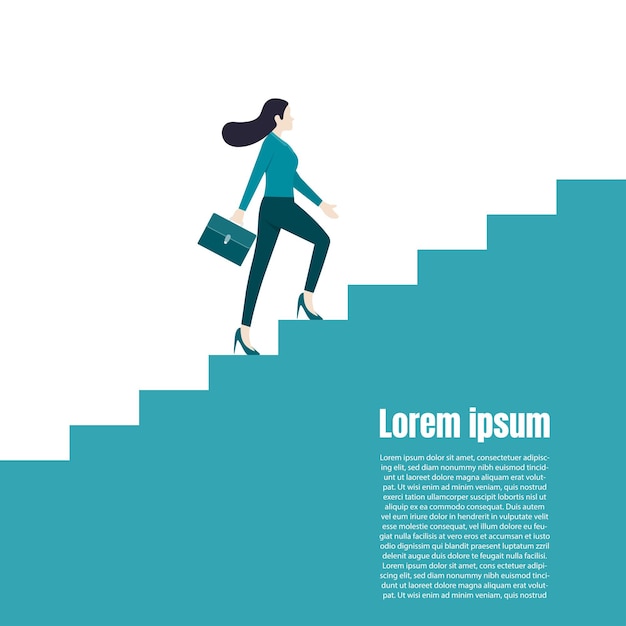 Femme d'affaires marchant sur l'escalier supérieur du succès. La vision du leadership. Concept commercial de marché et d'investissement. Illustration vectorielle à plat