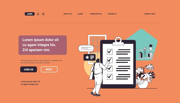 femme d'affaires marquant les tâches complètes sur la liste de contrôle réalisations de l'organisation commerciale du concept d'objectif illustration vectorielle linéaire de l'espace de copie horizontale