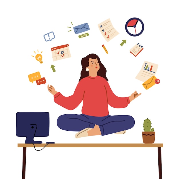 Vecteur femme d'affaires méditer. calmer les émotions, guérir le corps et l'esprit au bureau. fille contrôle stress yoga méditation, concept de vecteur d'équilibre. exercez la conscience et méditez, détendez-vous, calmez-vous dans l'illustration du bureau