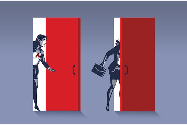 Femme d'affaires ouvre la porte. Business Illustration Concept de nouvelle opportunité commerciale