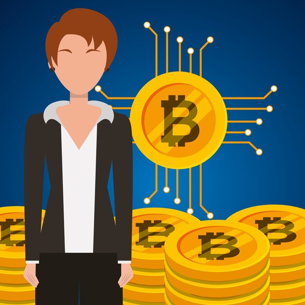 Femme D'affaires Et Pile Crypto-monnaie Bitcoin