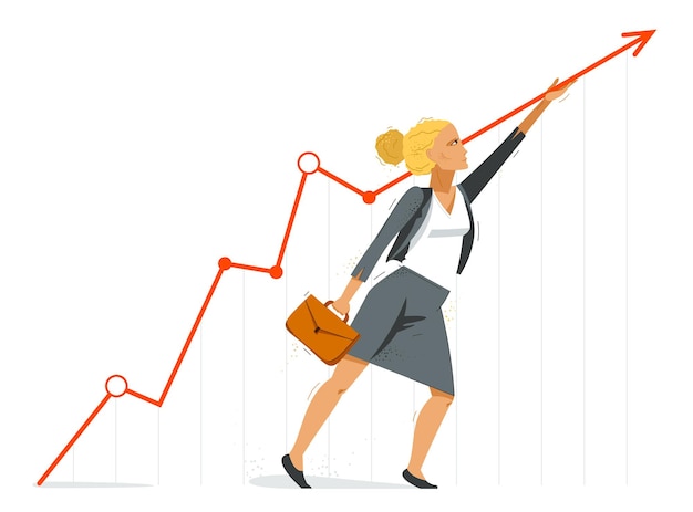 Femme D'affaires Pousse Le Graphique De Croissance Jusqu'à L'illustration Vectorielle De Succès Financier, Pdg De Femme D'affaires Motivée Comptable Ou Entrepreneur Augmentant Le Diagramme De Revenu.