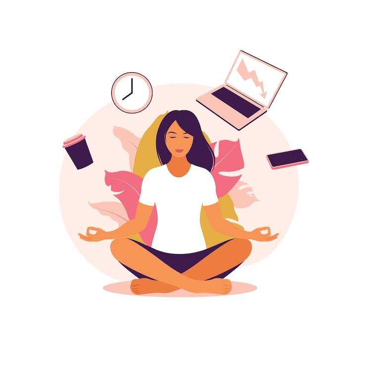 Femme d'affaires pratiquant la méditation et le yoga avec des icônes de bureau