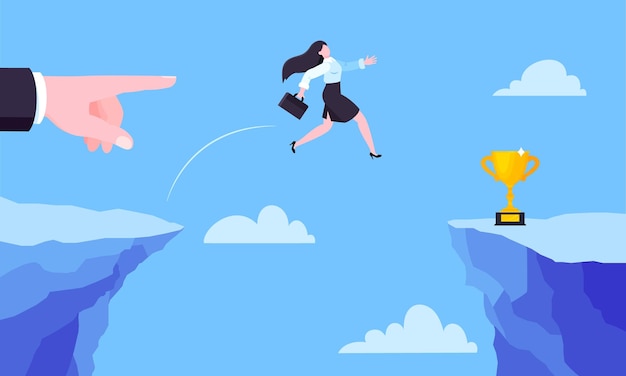 Une femme d'affaires saute sur l'abîme à travers la falaise illustration vectorielle de style plat Business