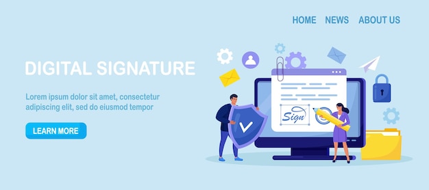 Vecteur femme d'affaires signant un contrat avec un stylo numérique sur un ordinateur portable contrat électronique avec signature numérique