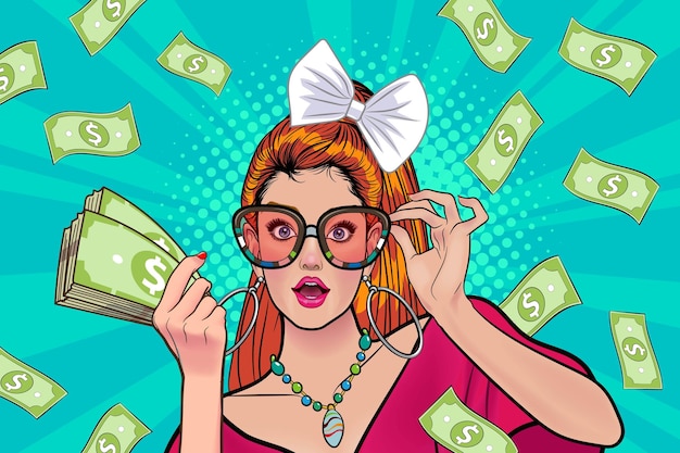 Une femme d'affaires surprise réussie et choquante avec Falling Money dit WOW OMG Pop art bandes dessinées rétro