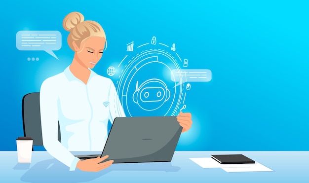 Femme d'affaires tapant sur un ordinateur portable à l'aide de chat bot pour envoyer des SMS en ligne avec un ami robot avec hologramme circulaire technologie d'intelligence artificielle machines numériques innovation futuriste illustration vectorielle