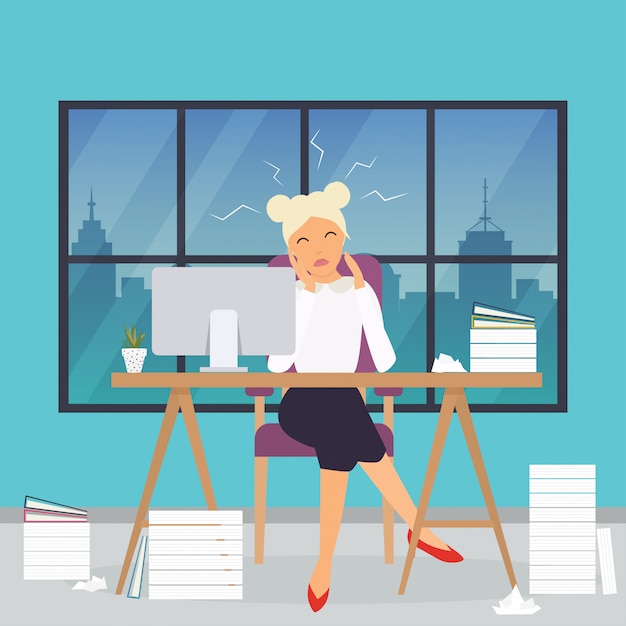 Femme D'affaires Travaillant à Son Bureau. Le Stress Au Travail. Concept D'affaires Moderne Design Plat.