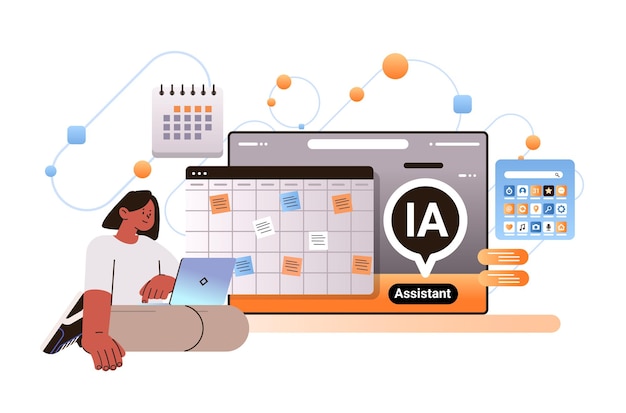 Femme D'affaires Utilisant Une Application Informatique Avec Assistant Personnel Ai Service En Ligne Intelligence Artificielle Soutien Illustration Vectorielle Horizontale