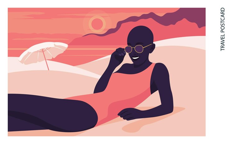 Vecteur femme africaine allongée sur la plage de sable vacances d'été dans des stations balnéaires illustration vectorielle plate