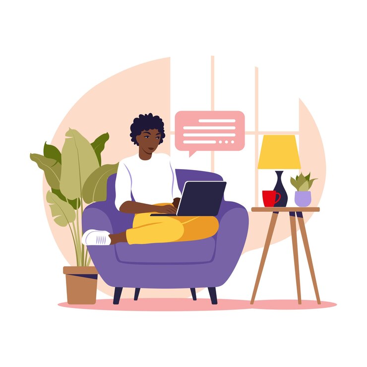 Vecteur femme africaine assise avec un ordinateur portable sur un fauteuil. illustration conceptuelle pour le travail, les études, l'éducation, le travail à domicile. plat. illustration vectorielle.