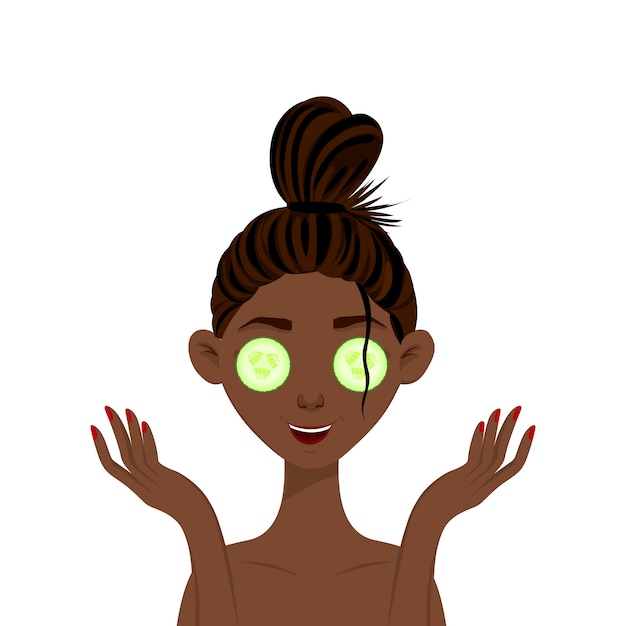 Vecteur femme africaine de beauté avec un masque de concombre sur son visage. style de bande dessinée.