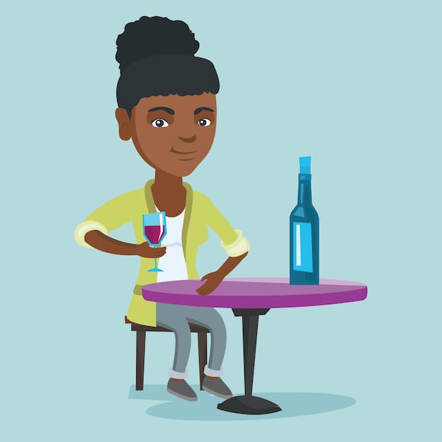 Vecteur femme africaine boit du vin au restaurant.