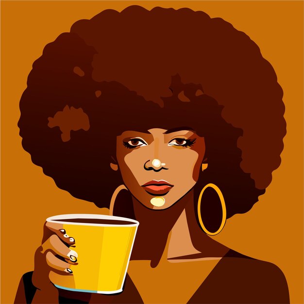 Vecteur femme africaine buvant du café chaud ou du thé à la main dessinée à plat autocollant de dessin animé élégant