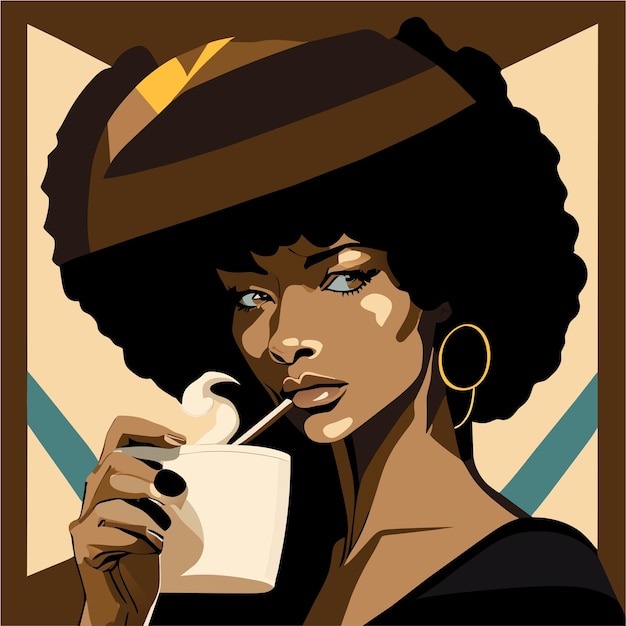 Vecteur femme africaine buvant du café chaud ou du thé à la main dessinée à plat autocollant de dessin animé élégant