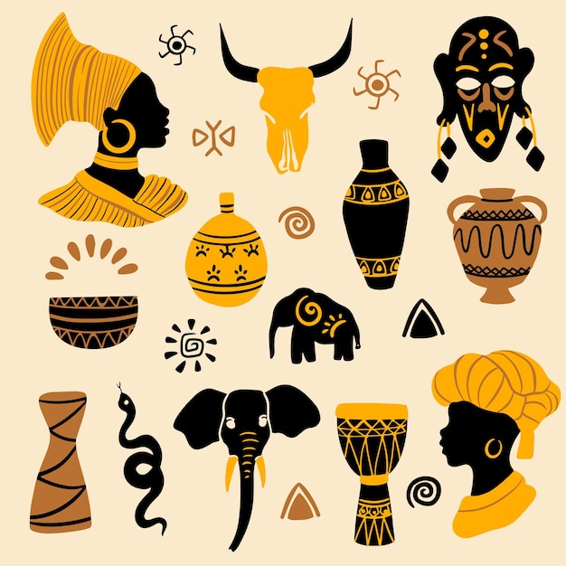 Vecteur femme africaine et collection d'éléments vectoriels ethniques traditionnels