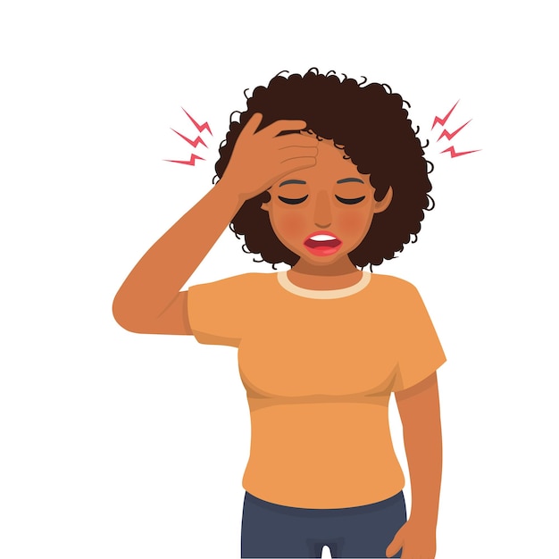 Une femme africaine avec un mal de tête se tient la tête avec des soucis de migraine ou des problèmes d'anxiété