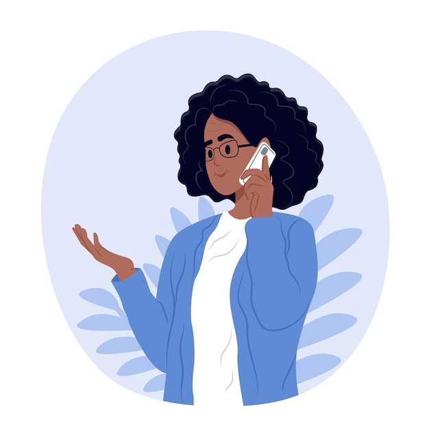 Une Femme Afro-américaine âgée Tenant Un Téléphone Portable Une Femme Parle Au Téléphone Illustration Vectorielle