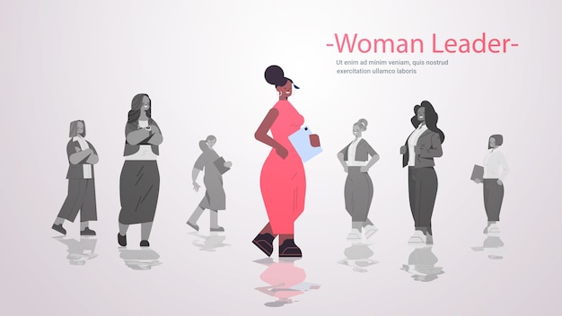 Femme Afro-américaine Leader Debout Devant Le Groupe De Gens D'affaires Leadership De L'équipe Féminine Concept De Compétition D'entreprise Illustration De L'espace Copie Horizontale