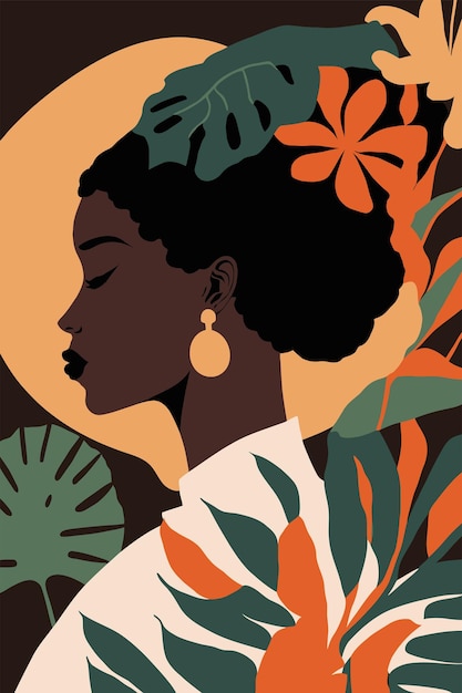 Vecteur femme afro-américaine noire aux cheveux bouclés art mural style matisse
