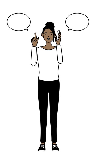 Vecteur femme afro-américaine pointant du doigt pendant qu'elle parle au téléphone illustration vectorielle