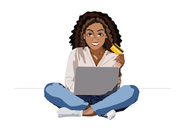 Femme afro-américaine souriante et tenant une carte bancaire avec un ordinateur portable lors de ses achats en ligne
