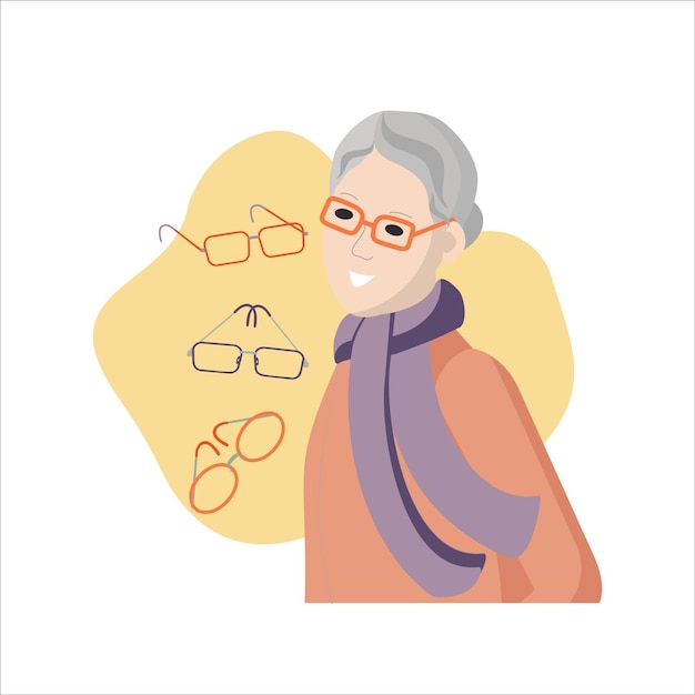 Une Femme âgée Choisit Des Lunettes Achat D'optique Dans Le Salon Sélection De Lunettes Pour La Vision Illustration Plate Vectorielle X9