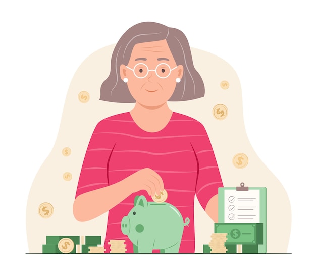 Une femme âgée épargne de l'argent avec une cochonne pour illustrer un concept financier
