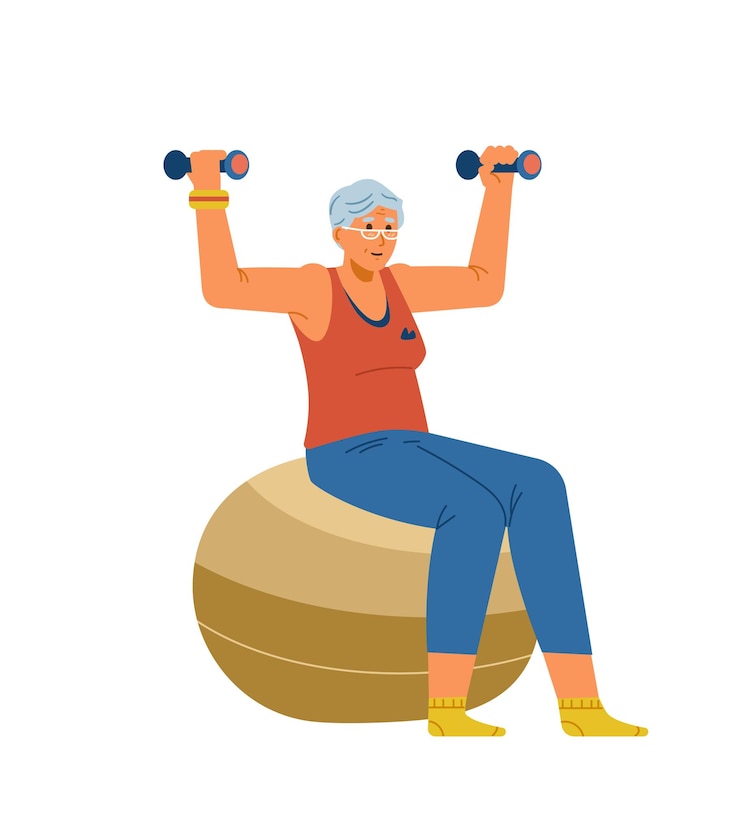 Vecteur femme âgée faisant des exercices avec des haltères sur le ballon en forme