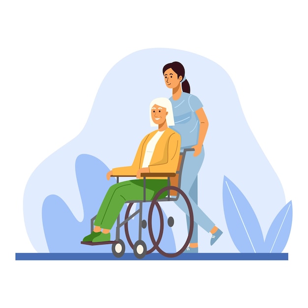 Vecteur femme âgée en fauteuil roulant avec infirmière à la maison de retraite