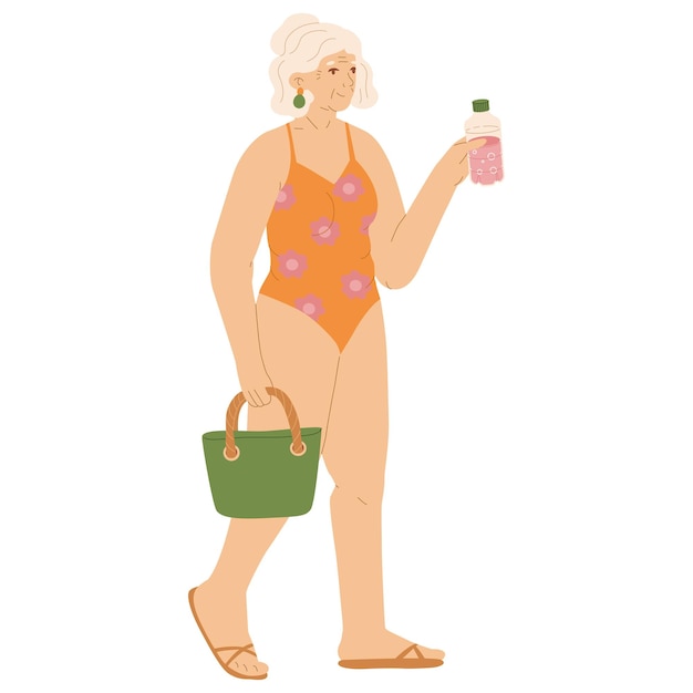 Vecteur une femme âgée en maillot de bain avec un sac de plage et une bouteille d'eau dans les mains un style de vie sain, une relaxation au bord de la mer illustration vectorielle isolée sur un fond transparent