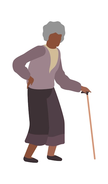 Femme âgée marchant. Personnage de grand-mère aux cheveux gris debout avec une canne, vieille femme âgée isolée