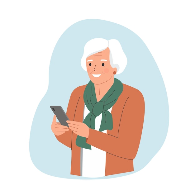Une Femme âgée Se Penche Sur Le Smartphone Illustration De Style Plat Vectoriel