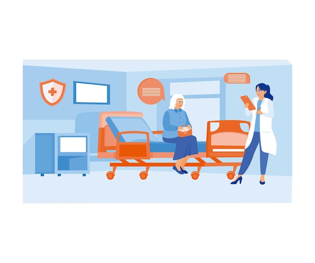 Une femme âgée visite l'hôpital Consultation de santé avec un médecin gériatrique Concept de consultation médicale Illustration vectorielle plate