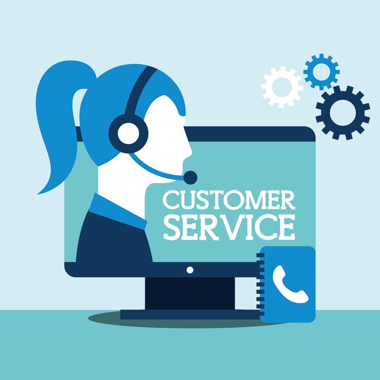 Vecteur femme agent ordinateur contacts livre soutien service à la clientèle
