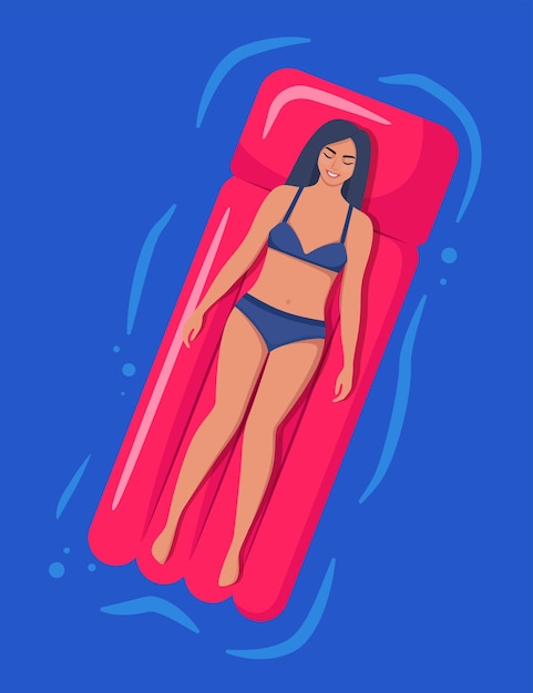 Vecteur femme allongée sur un matelas gonflable sur fond d'eau vue de dessus illustration vectorielle