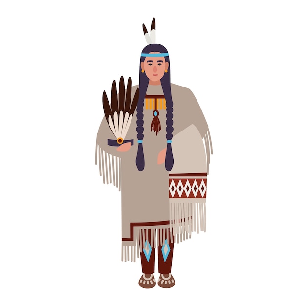 Vecteur femme amérindienne avec des tresses ou des squaw portant des vêtements tribaux ethniques. peuples indigènes d'amérique. personnage de dessin animé féminin isolé sur fond blanc. illustration vectorielle plane colorée.