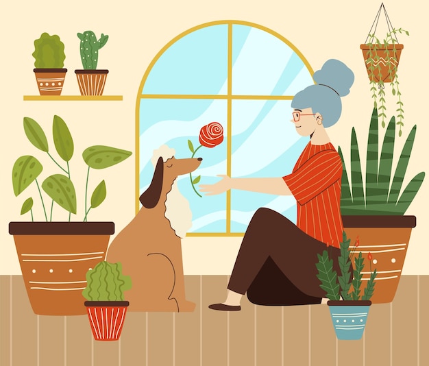 Femme Avec Animal De Compagnie à La Maison Parmi Une Illustration Vectorielle Plane De Plante D'intérieur Verte