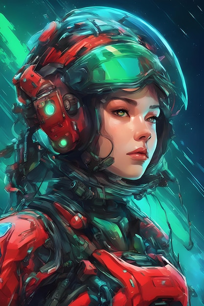 Vecteur une femme d'anime dans un casque cyberpunk dans des couleurs néon