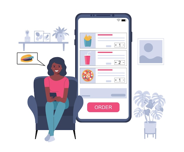Une femme d'apparence africaine commande de la nourriture via une application sur un smartphone