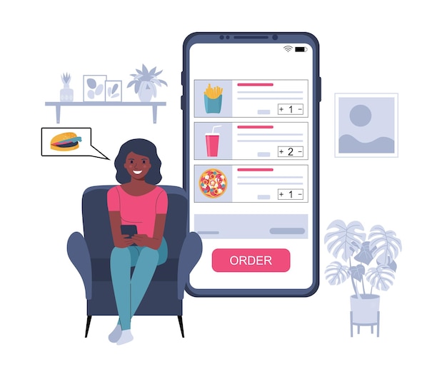 Une Femme D'apparence Africaine Commande De La Nourriture Via Une Application Sur Un Smartphone