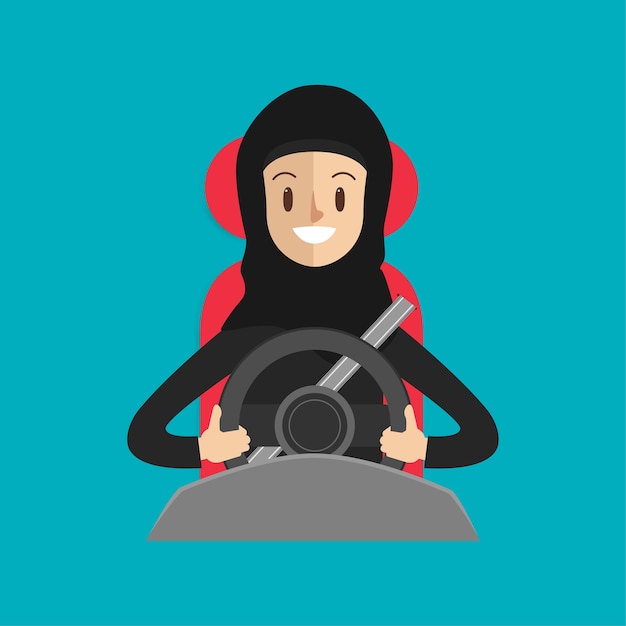 Femme Arabe Avec Une Ceinture De Sécurité Conduisant Une Voiture Sur Le Chemin.